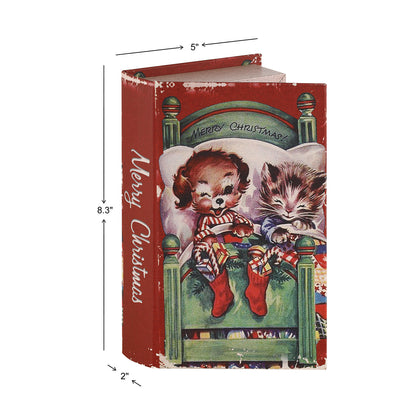 Small book-shaped container with Christmas design featuring a dog and cat, dimensions indicated.