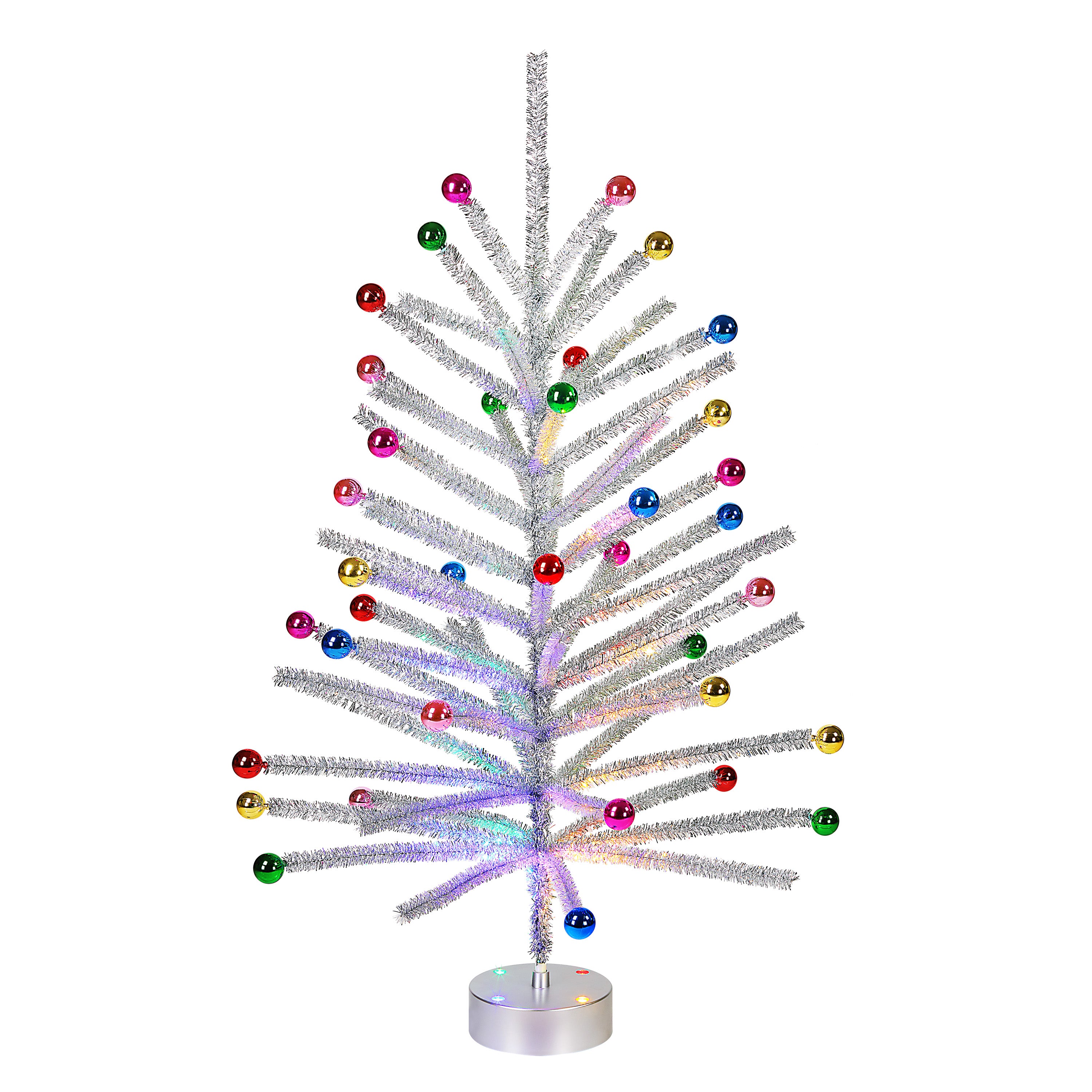 A silver tinsel Christmas tree with colorful metallic ornaments and built-in multicolor LED lights, standing on a round silver base against a plain white background.
