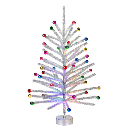 A silver tinsel Christmas tree with colorful metallic ornaments and built-in multicolor LED lights, standing on a round silver base against a plain white background.