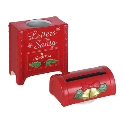 A red Christmas-themed tissue box cover and matching tissue dispenser set, featuring 'Letters to Santa' and 'North Pole' text, holly and greenery, and gold bells on a white background.