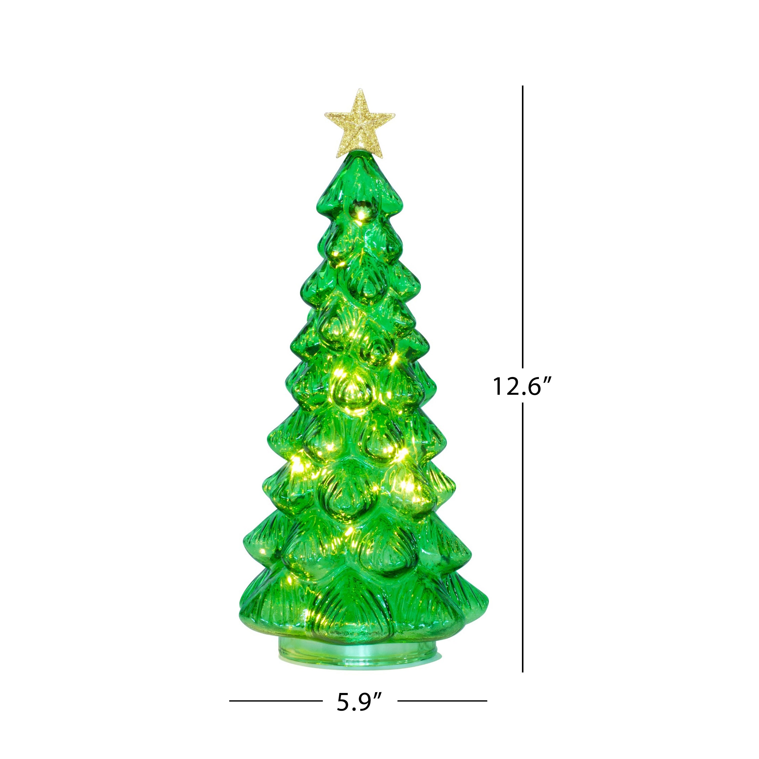 A green Christmas tree-shaped lighted candle or lamp with a gold star on top, shown on a white background with dimension lines indicating 12.6 inches tall and 5.