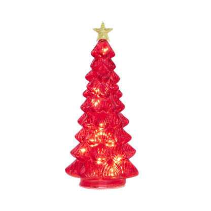 A small red Christmas tree light with a textured, scalloped surface and a glittery gold star on top, shown against a plain white background.