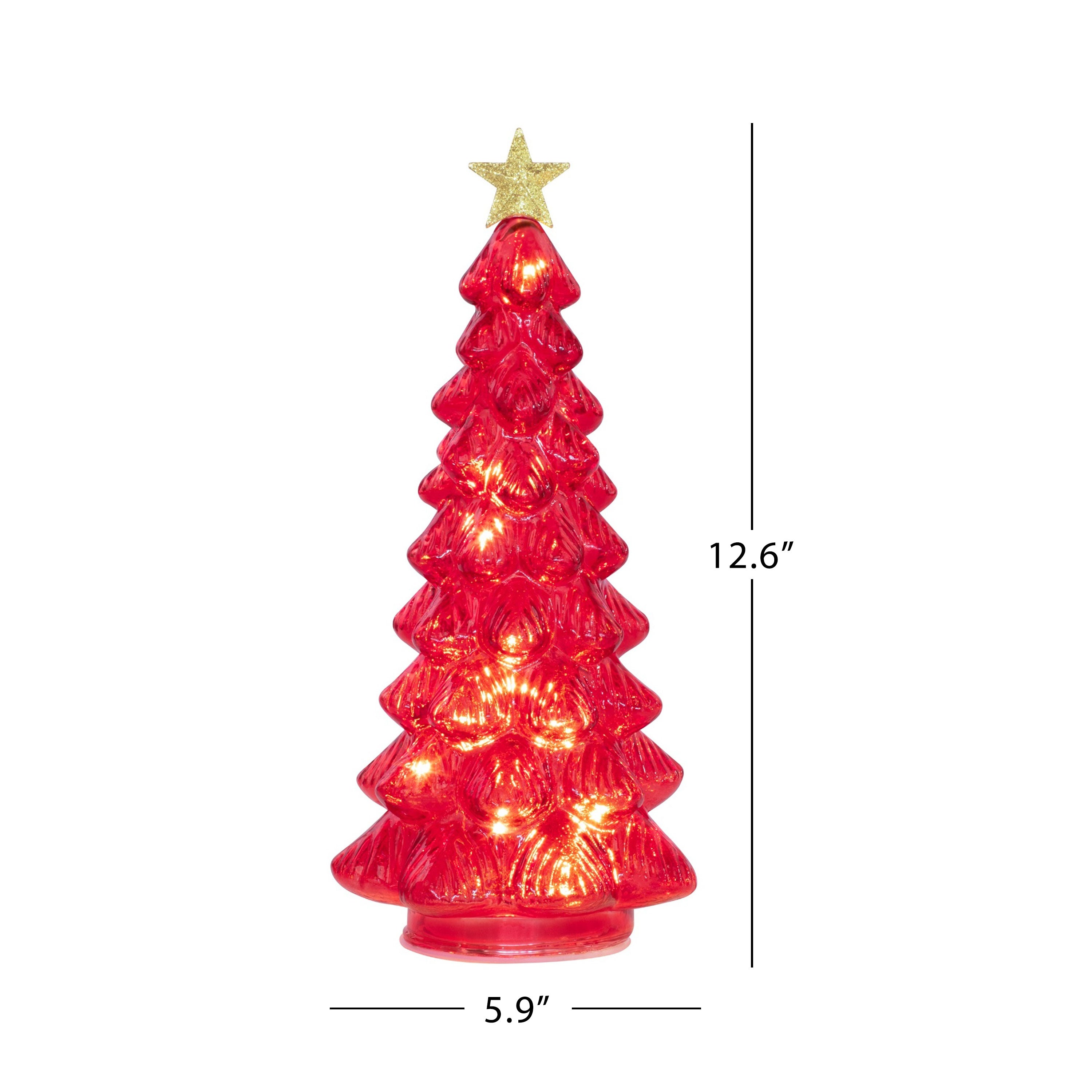 A red translucent Christmas tree light with a gold star topper, shown on a white background with dimension lines indicating a height of 12.6 inches and width of 5.