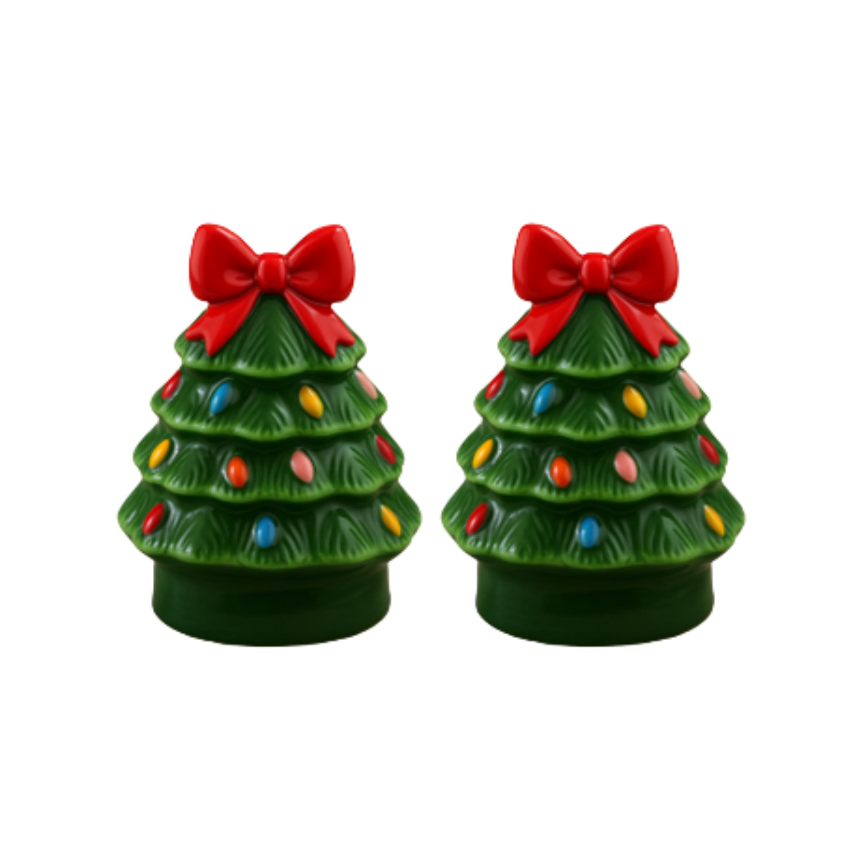 Two Christmas tree-shaped salt and pepper shakers with red bows and colorful lights on a white background.
