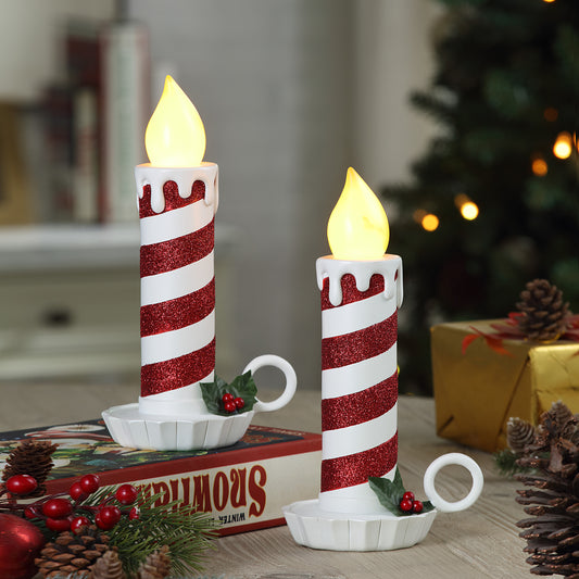 10" Set of 2 Flickering LED Resin Glittery Striped Candles - Red & White