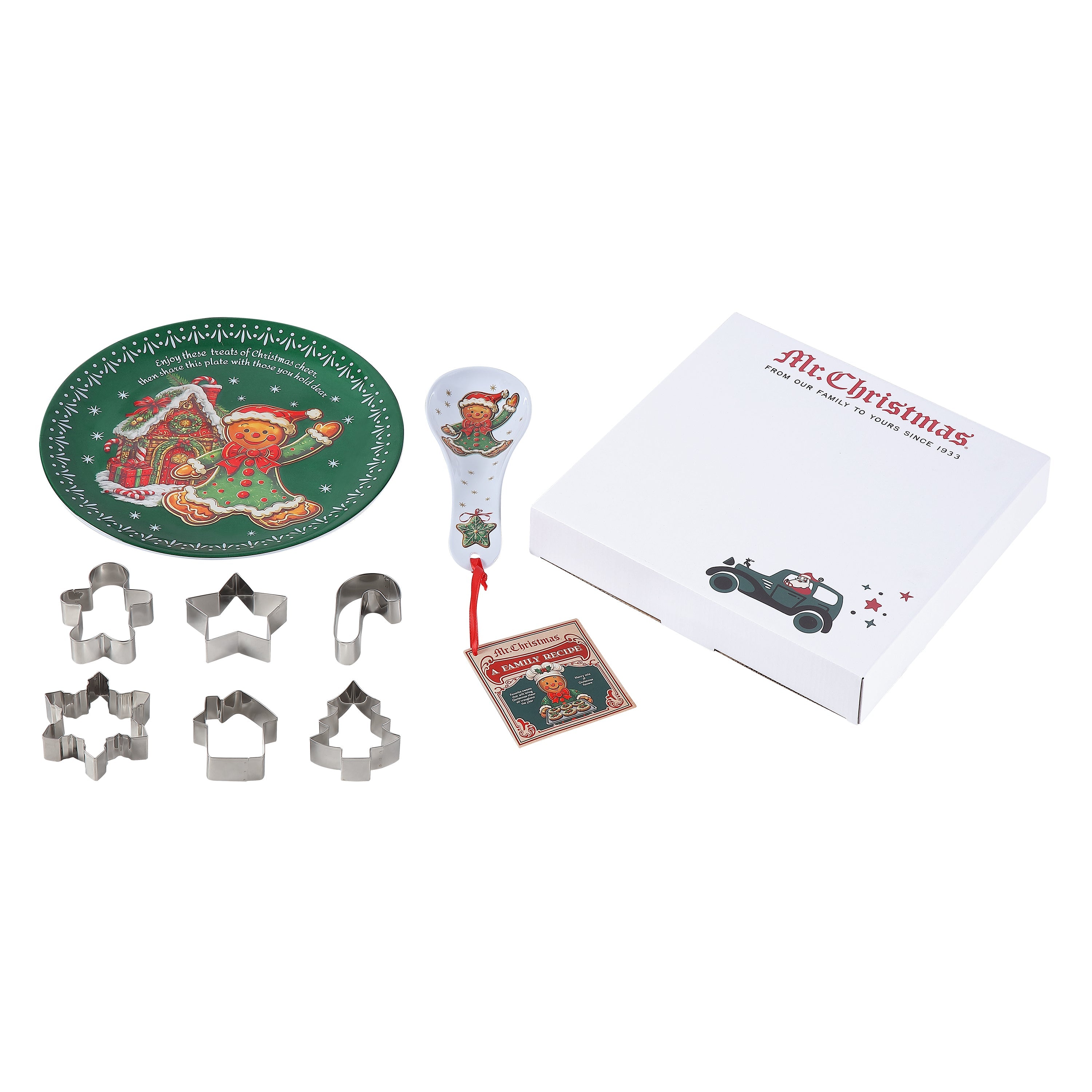 12 in. Gingerbread Plate, Spoon Rest & 6-Piece Cookie Cutter Baking Gift Set with Recipe - Mr. Christmas
