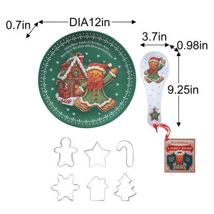 12 in. Gingerbread Plate, Spoon Rest & 6-Piece Cookie Cutter Baking Gift Set with Recipe - Mr. Christmas