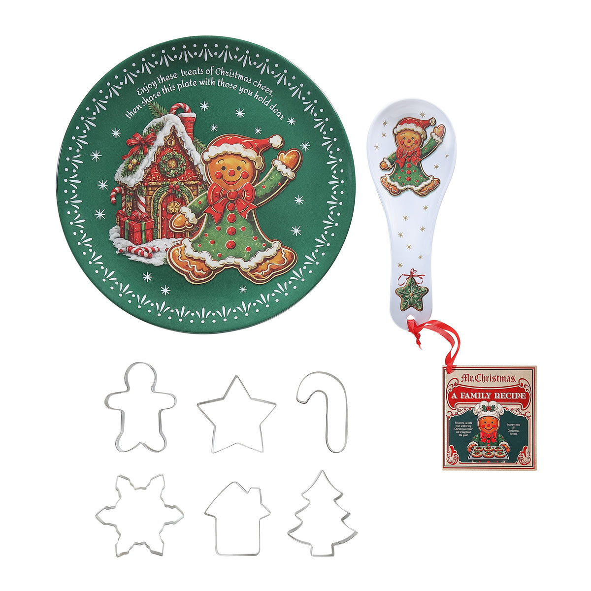 12 in. Gingerbread Plate, Spoon Rest & 6-Piece Cookie Cutter Baking Gift Set with Recipe - Mr. Christmas