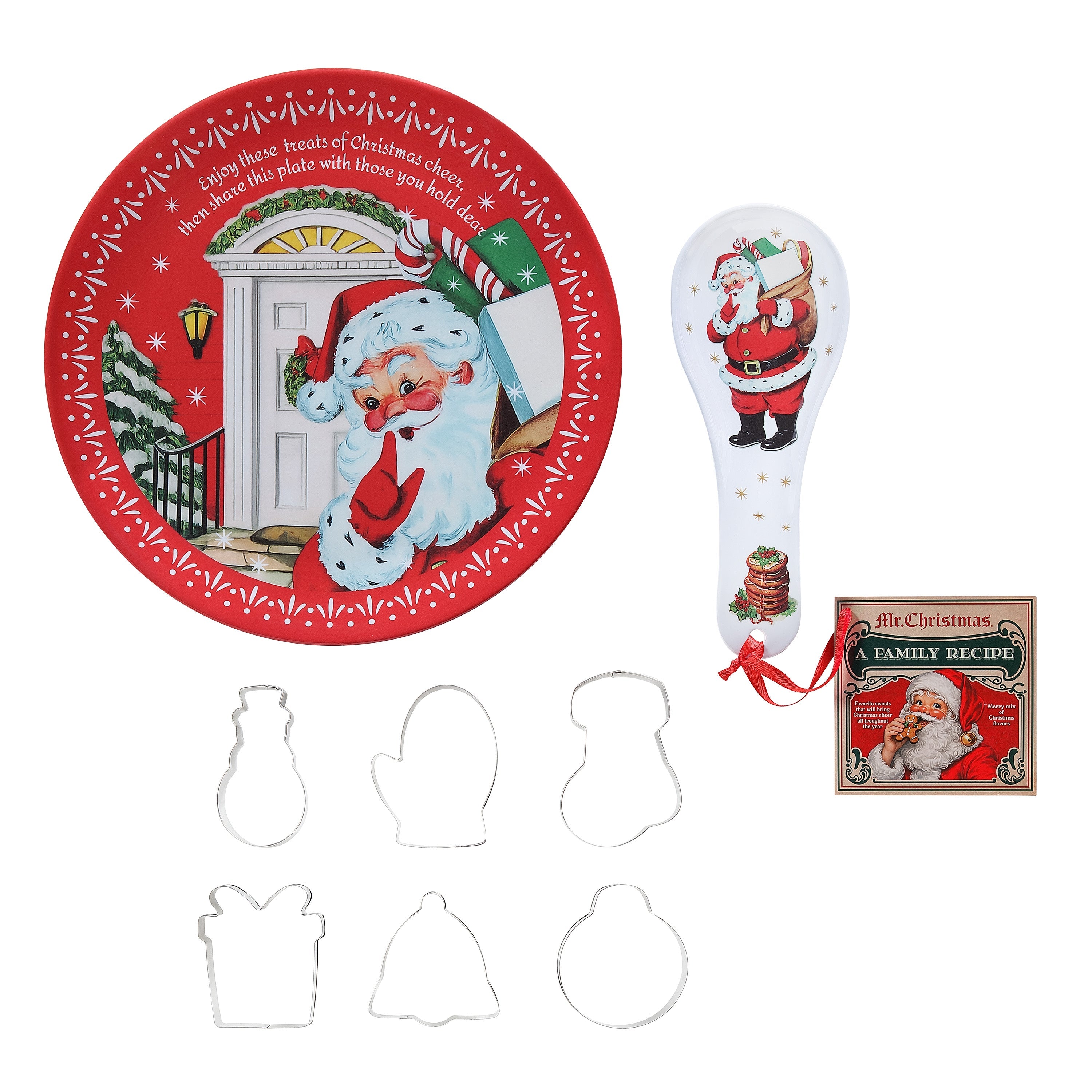 12 in. Santa Plate, Spoon Rest & 6-Piece Cookie Cutter Baking Gift Set with Recipe - Mr. Christmas