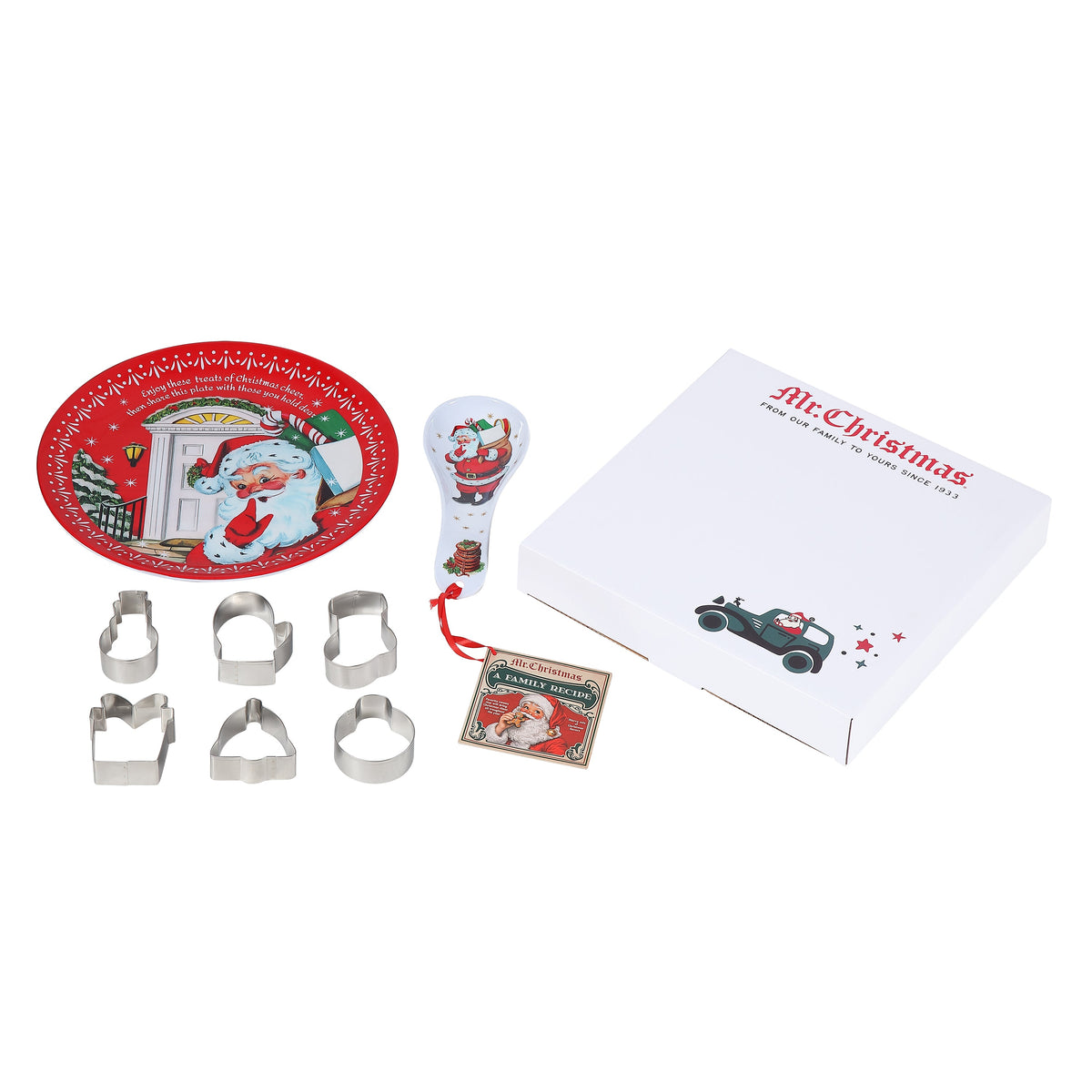 12 in. Santa Plate, Spoon Rest & 6-Piece Cookie Cutter Baking Gift Set with Recipe - Mr. Christmas