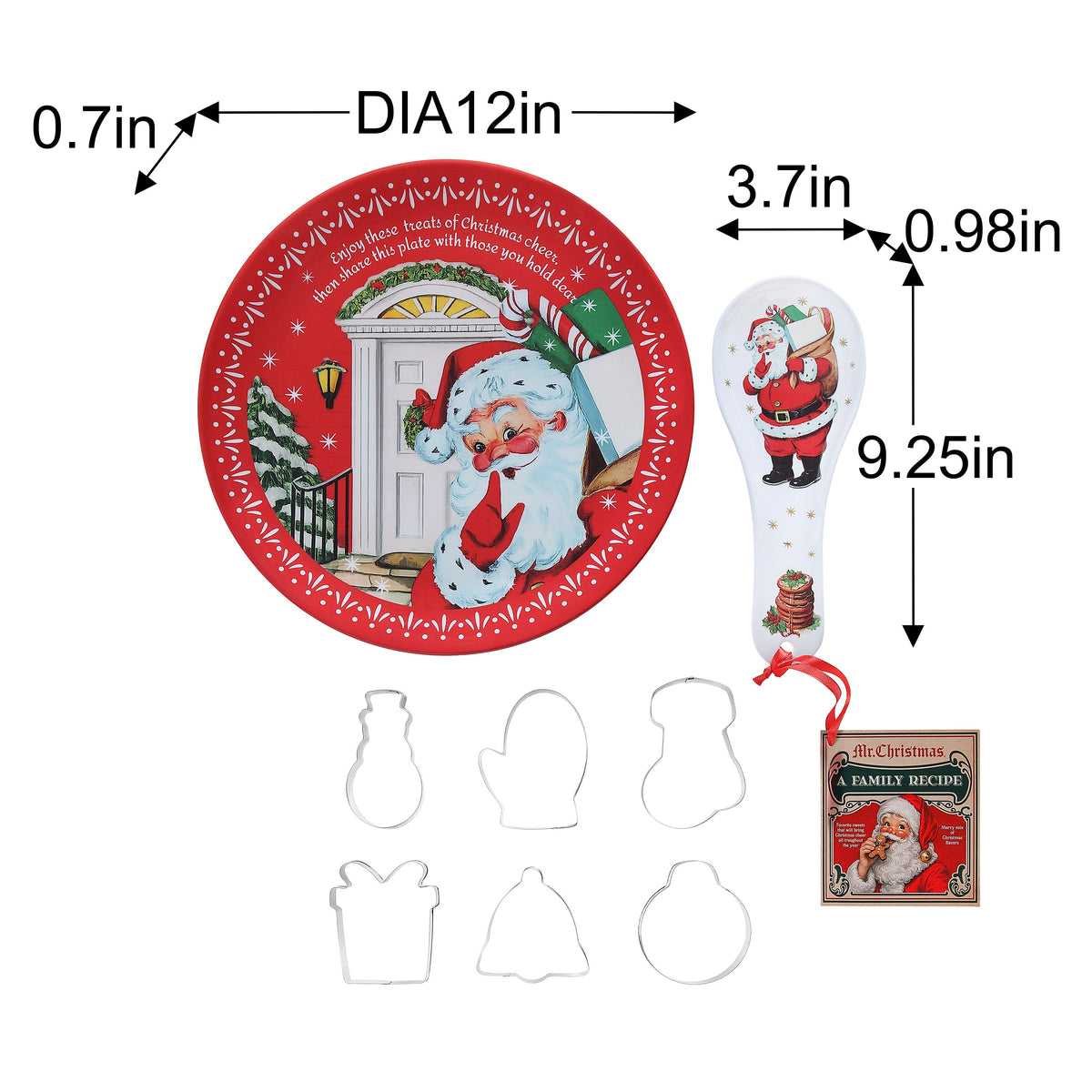 12 in. Santa Plate, Spoon Rest & 6-Piece Cookie Cutter Baking Gift Set with Recipe - Mr. Christmas
