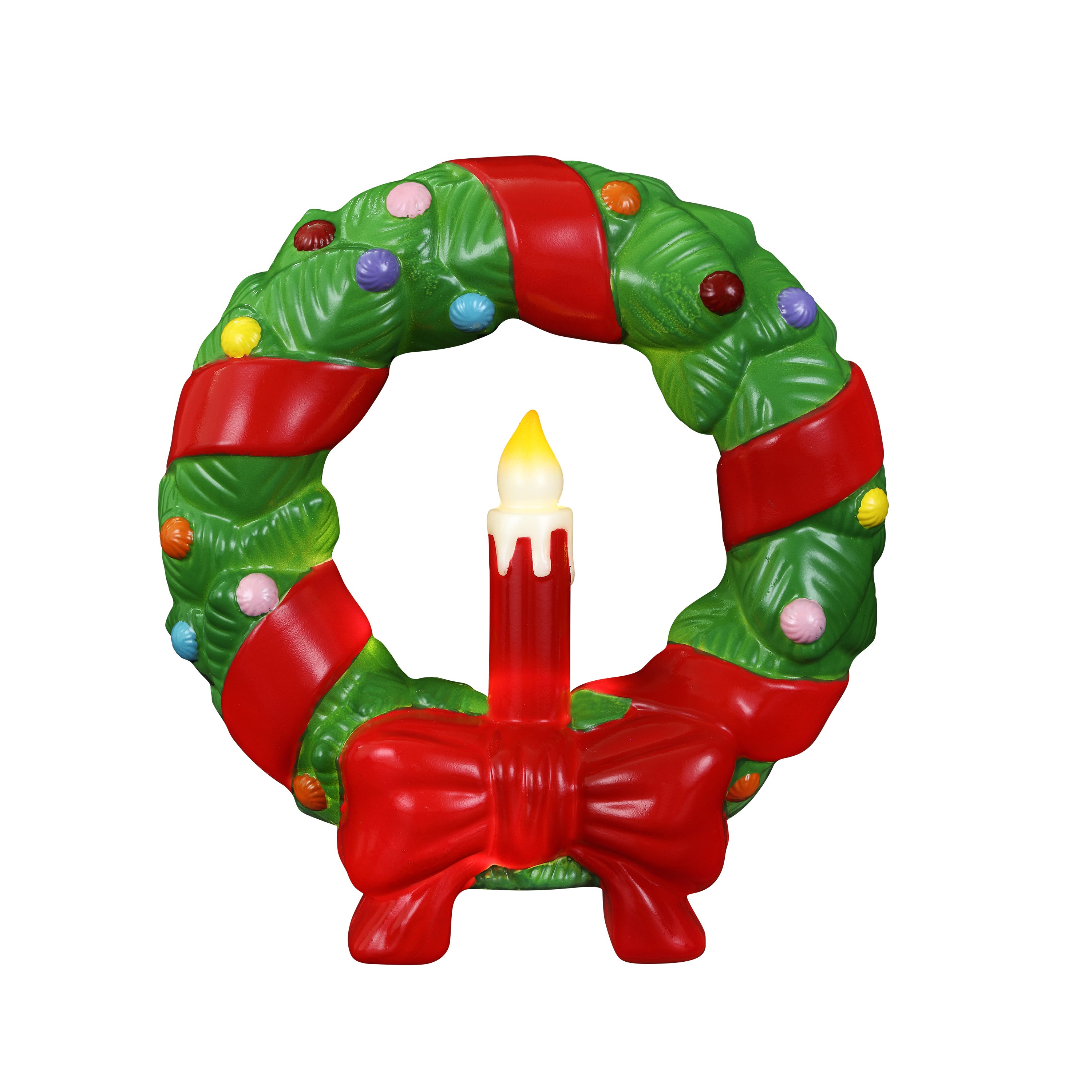 Decorative 12 in. Lit Blow Mold Wreath Christmas wreath candle with a lit center on a white background