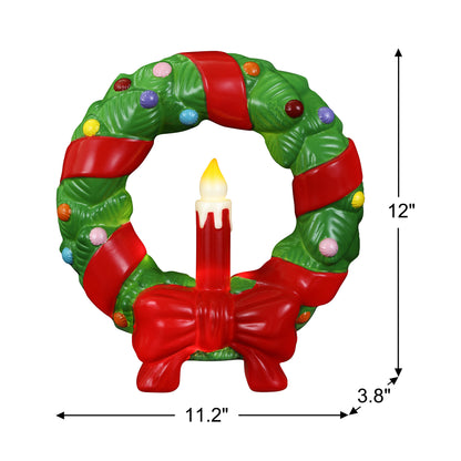 12 in. Lit Blow Mold Wreath with dimensions on a white background