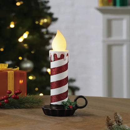 Lit 10 in. Chamberstick Candle - Glitter Red and White