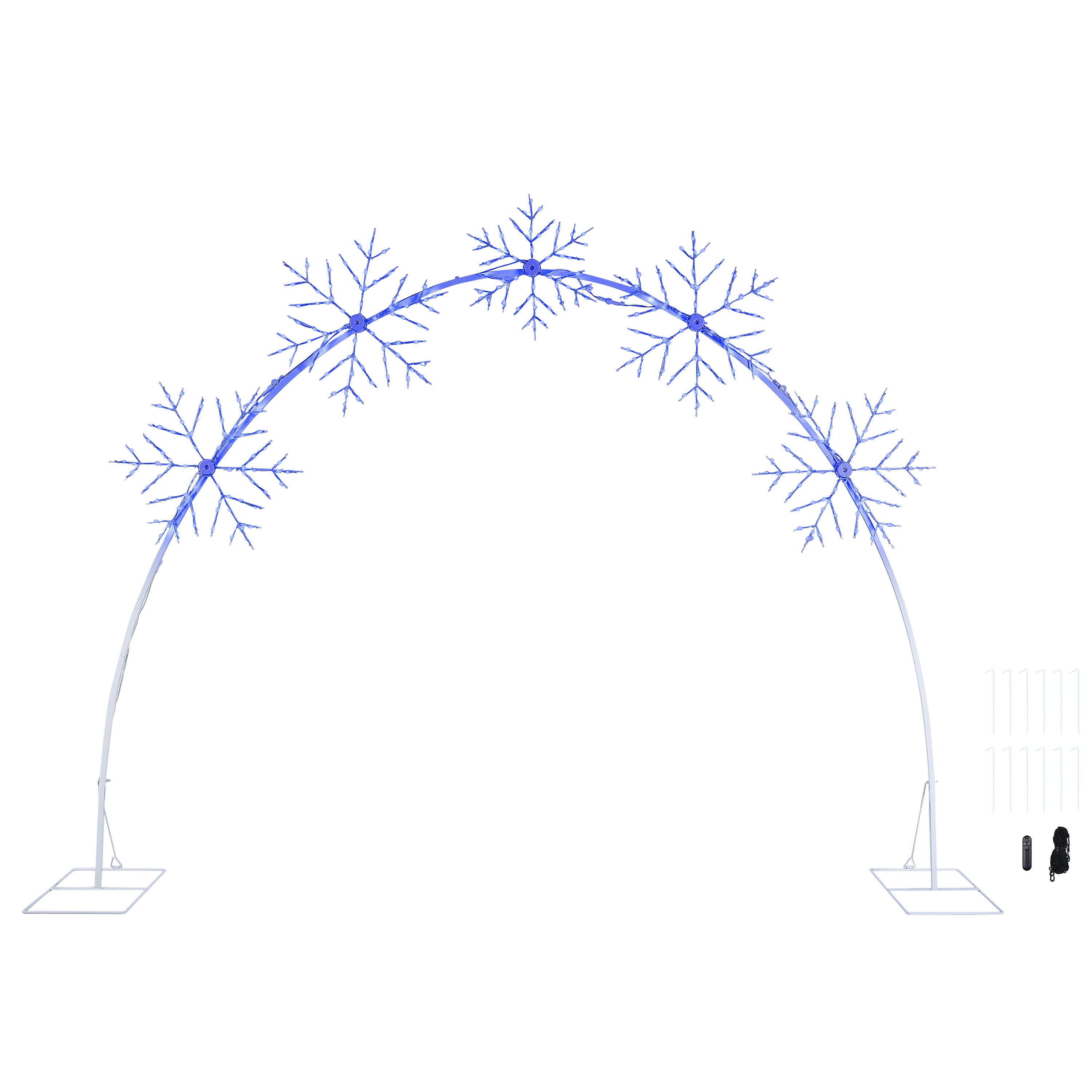 Snowflake LED light arch decoration with a white metal support frame and blue illuminated snowflake ornaments, shown on a plain white background with mounting accessories.
