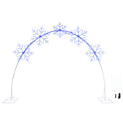 Snowflake LED light arch decoration with a white metal support frame and blue illuminated snowflake ornaments, shown on a plain white background with mounting accessories.