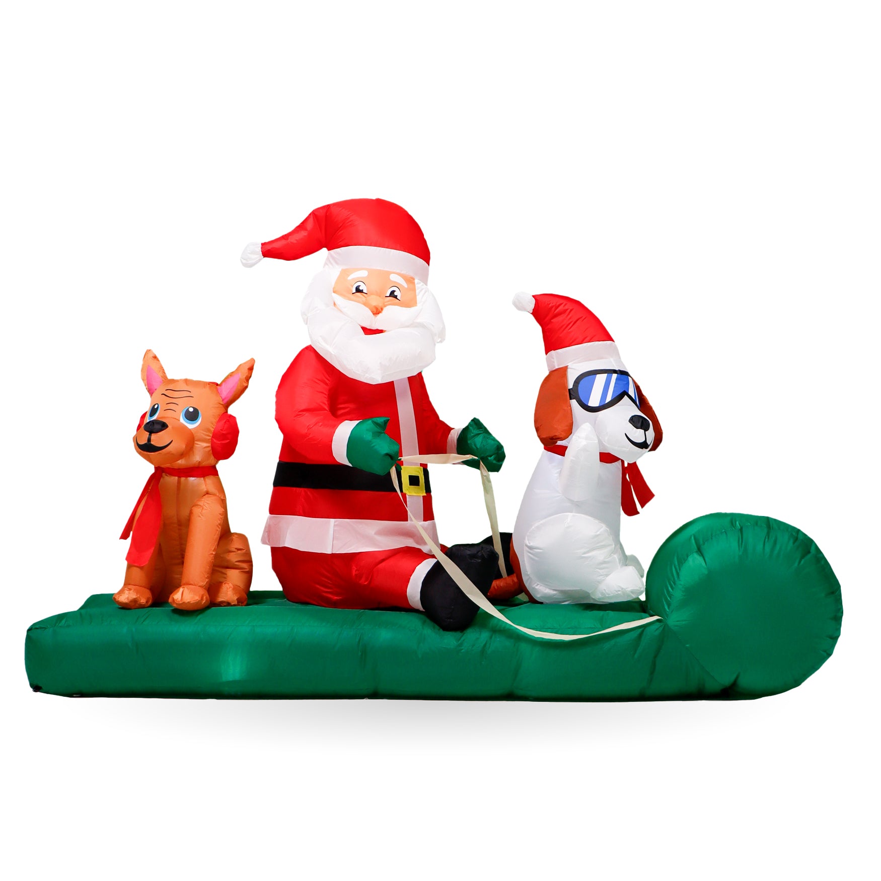 Bring festive cheer to your yard with the 8 ft. Outdoor Lit Inflatable - Santas Dog Sled, featuring Santa in a sleigh, reindeer, and a fun dog in sunglasses—all smiling and illuminated by bright LED lights.