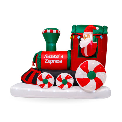 The 6 ft. Outdoor Lit Inflatable - Santas Express Train features Santa Claus waving from the window, peppermint-style wheels, bright LED lights, and is set on a white base—perfect for festive outdoor holiday displays.
