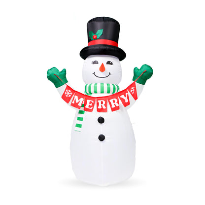 The 10 ft. Outdoor Lit Inflatable - Merry Snowman sports a black top hat, green-striped scarf, rosy cheeks, and holds a MERRY banner—an LED-lit holiday décor piece perfect for festive displays.