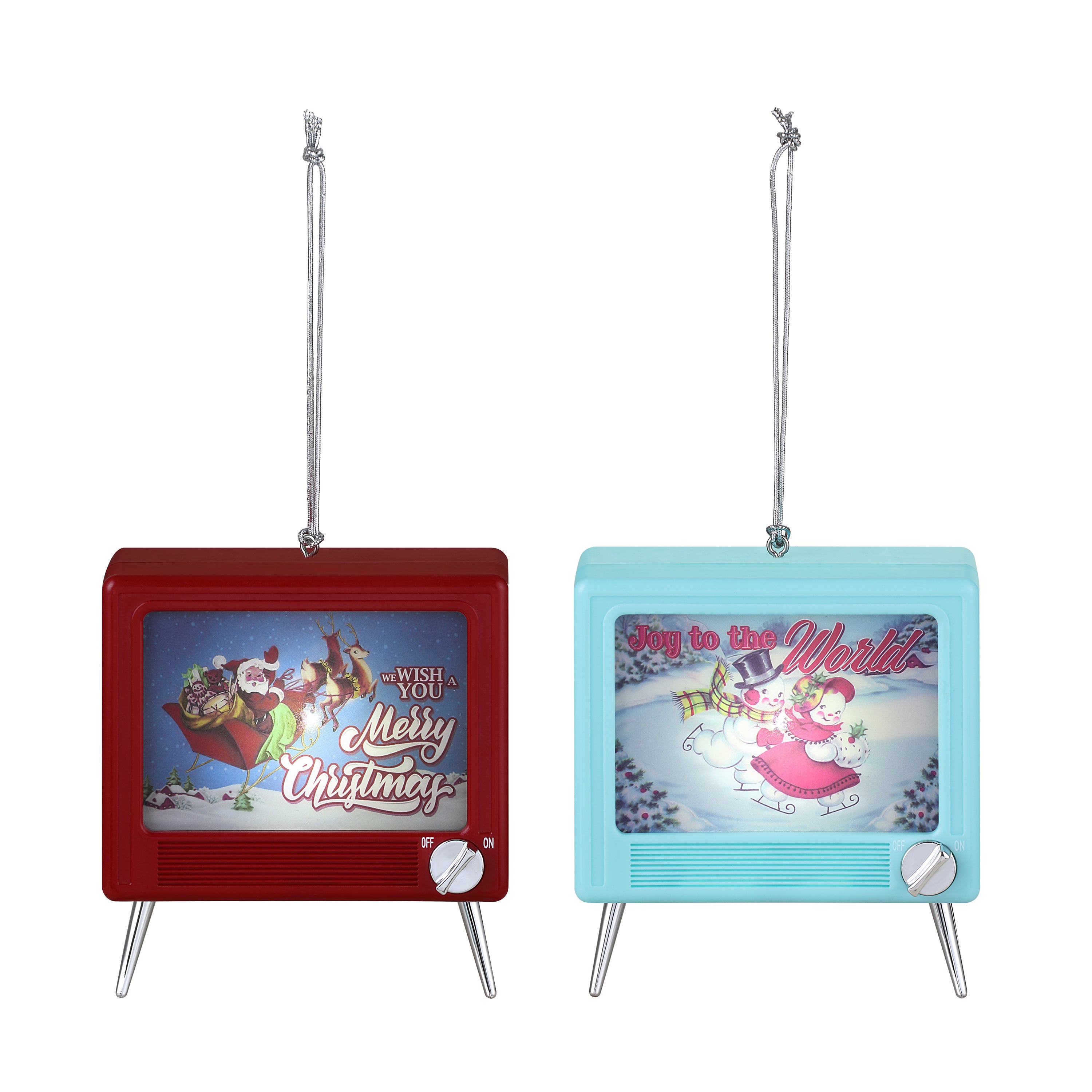 Two Christmas-themed TV ornaments, one red and one blue, on a white background.