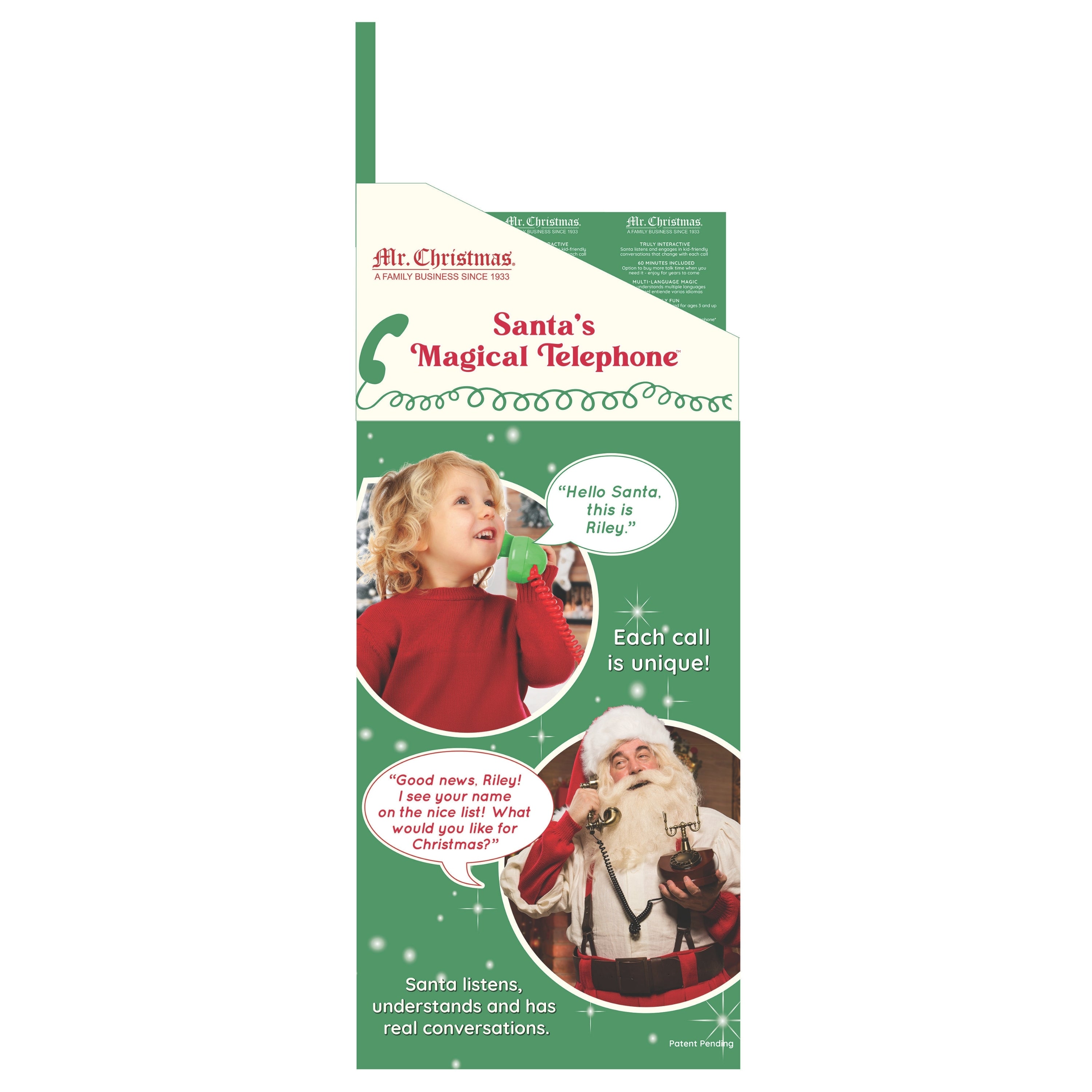 Product packaging for Santa's Magical Telephone by Mr. Christmas, featuring a child and Santa Claus on a green and white background.