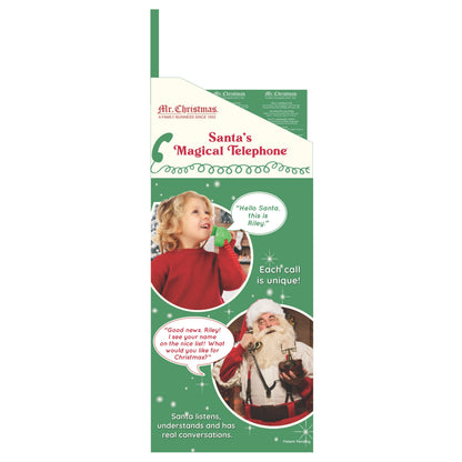Product packaging for Santa's Magical Telephone by Mr. Christmas, featuring a child and Santa Claus on a green and white background.