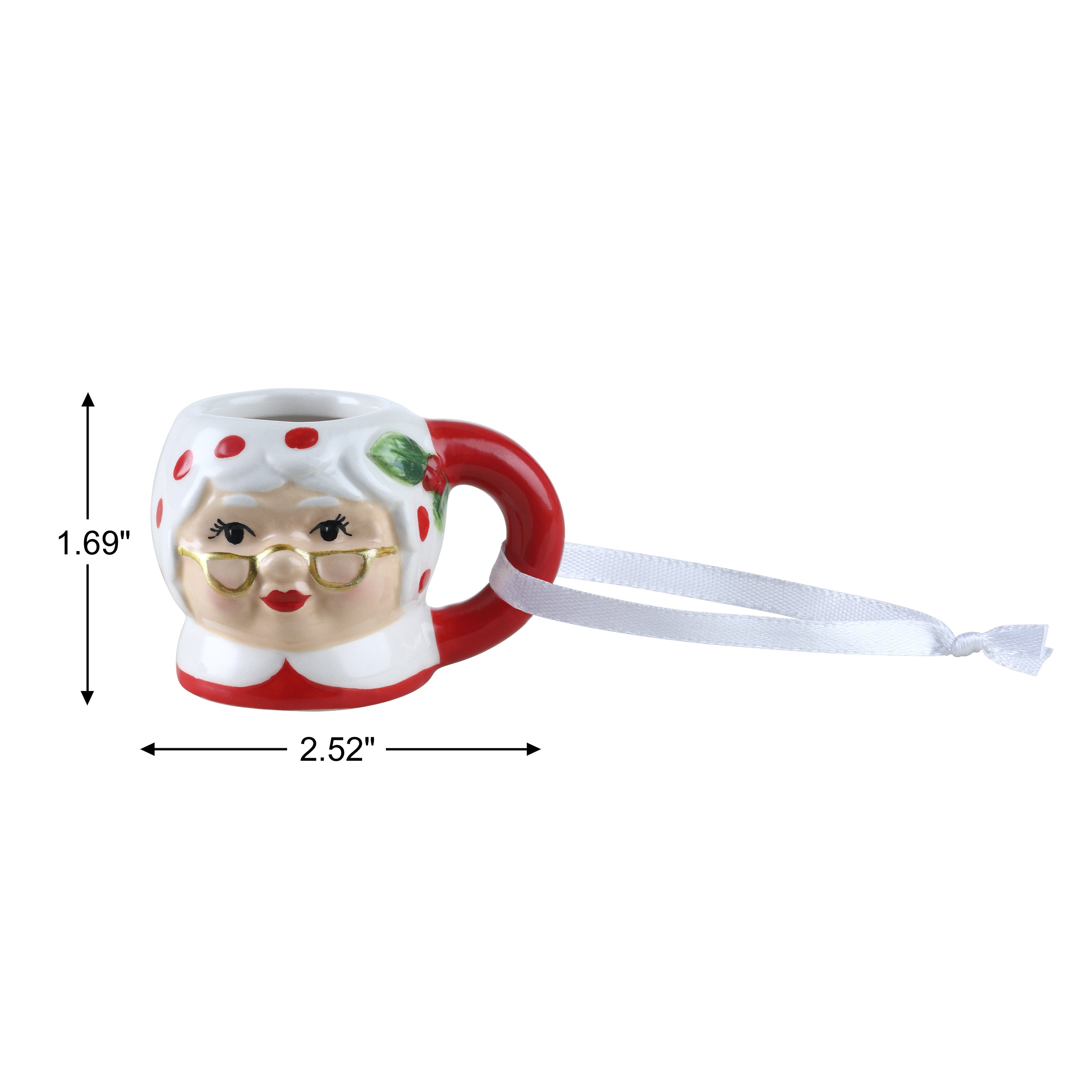 Decorative Mrs. Claus mug ornament with dimensions on a white background