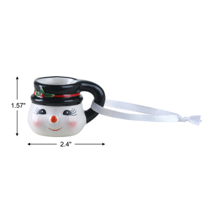 Snowman-shaped mug ornament with measurement details on a white background