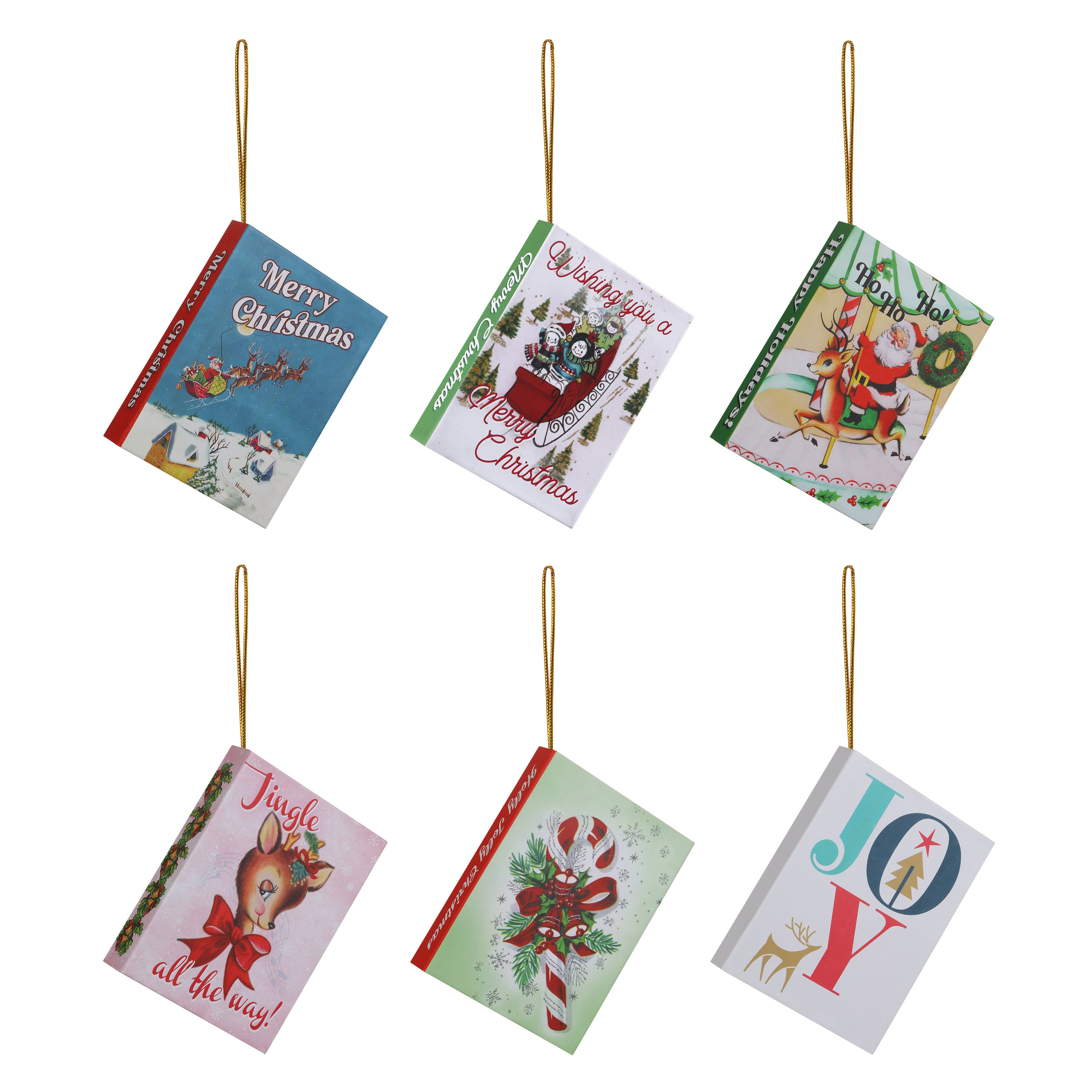 Set of Christmas-themed book ornaments on a white background