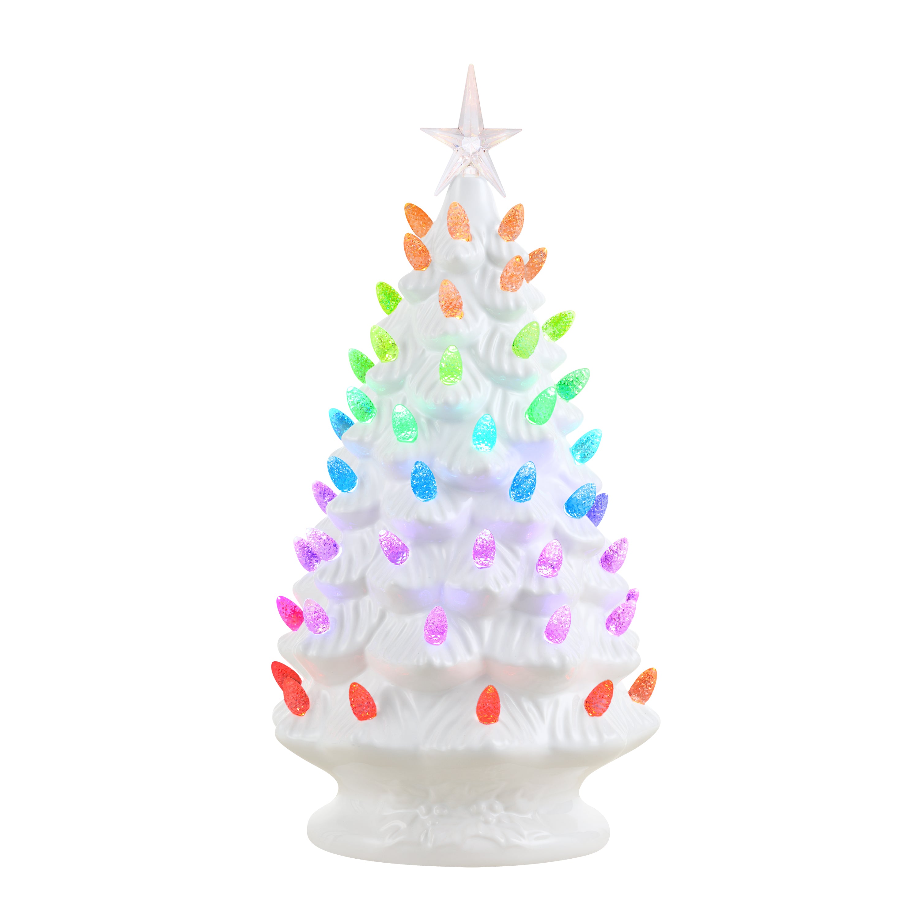 A white ceramic Christmas tree with a star topper, decorated with multicolored LED lights arranged in a rainbow gradient from top to bottom, on a solid white background.
