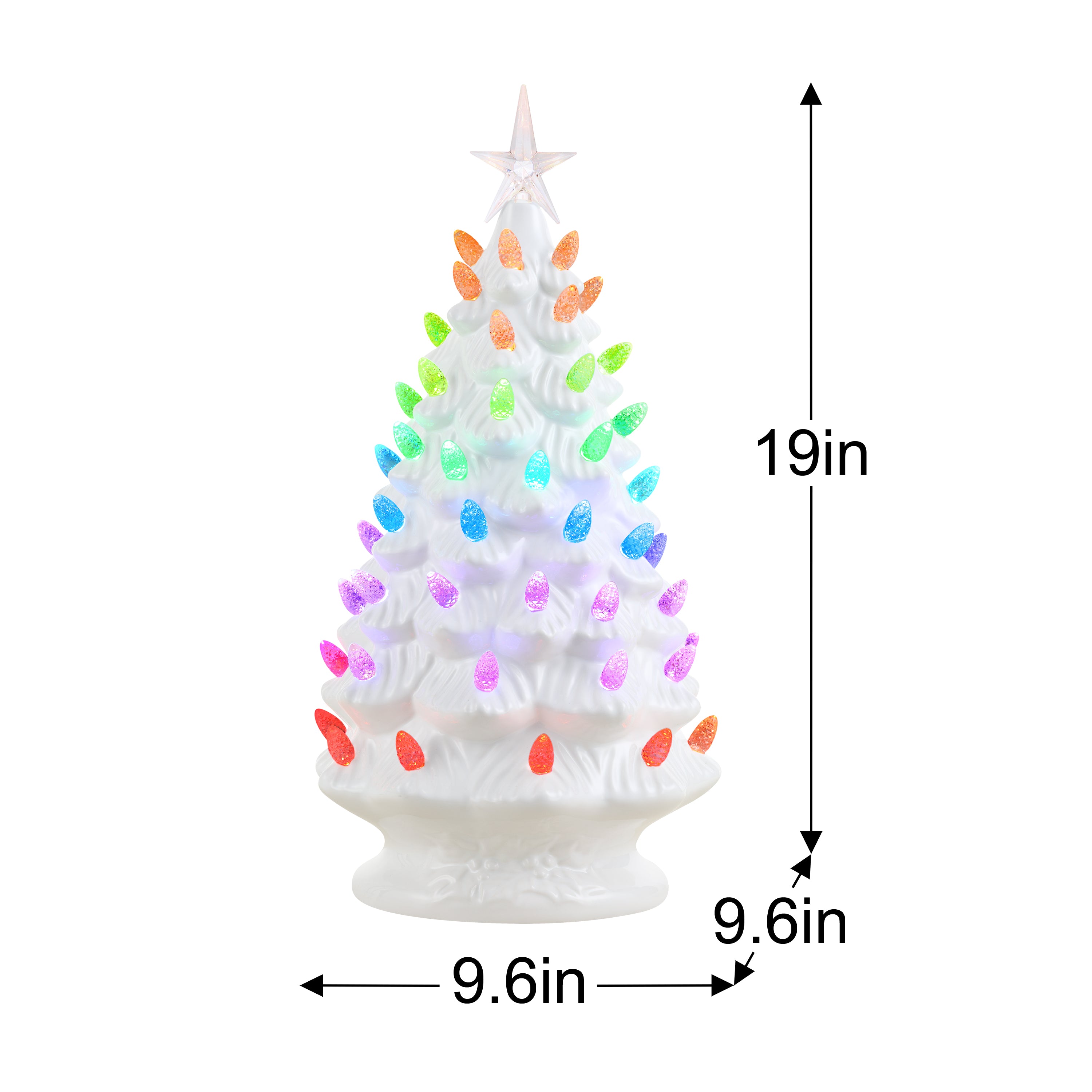 A small white Christmas tree with multicolored LED lights and a star topper, shown on a white background with dimension arrows indicating 19 inches height, 9.6 inches width, and 9.
