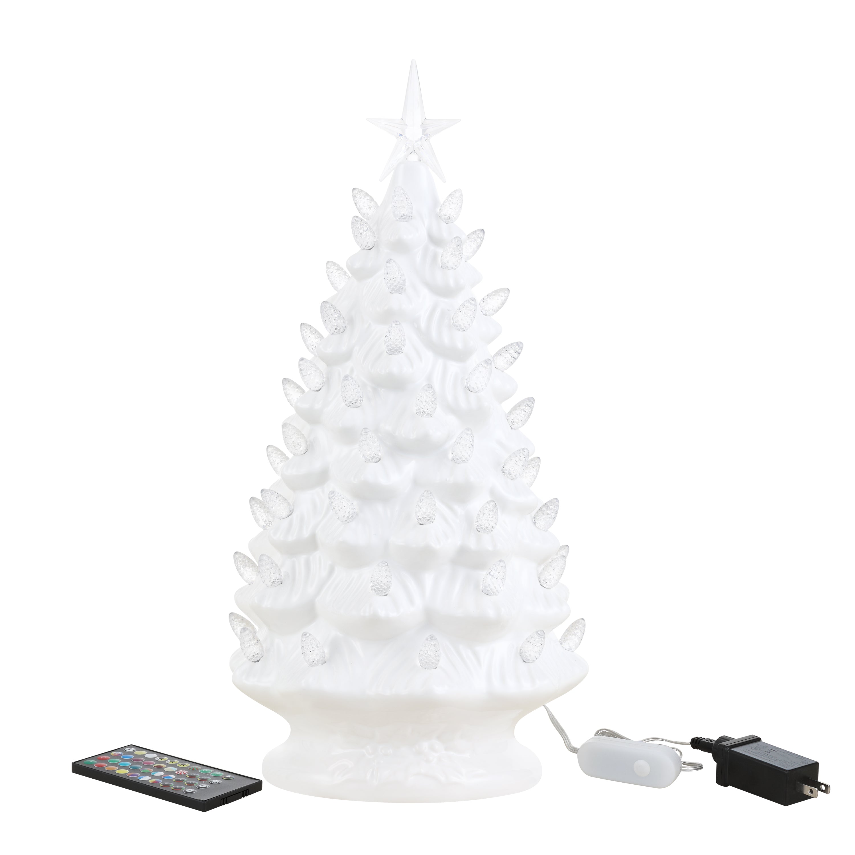 A white LED Christmas tree with a star topper, shown with its remote control and power adapter on a plain white background.