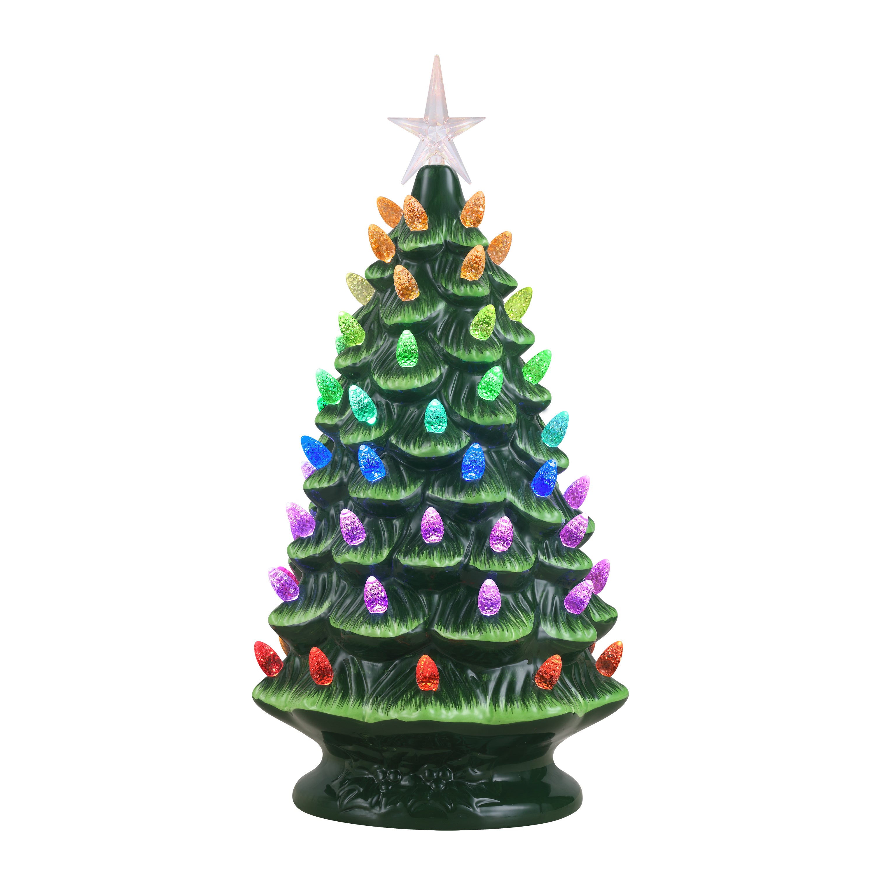 A ceramic Christmas tree figurine with a dark green base and branches, decorated with multicolored light bulbs in shades of orange, yellow, green, blue, purple, and red, topped with a clear star.