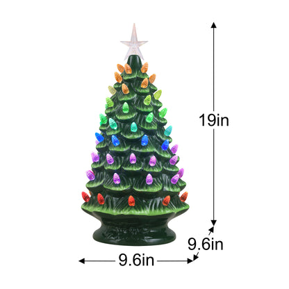 A small ceramic Christmas tree with multicolored light bulbs and a star topper, shown on a white background with dimension arrows indicating 9.6 inches wide by 19 inches tall.