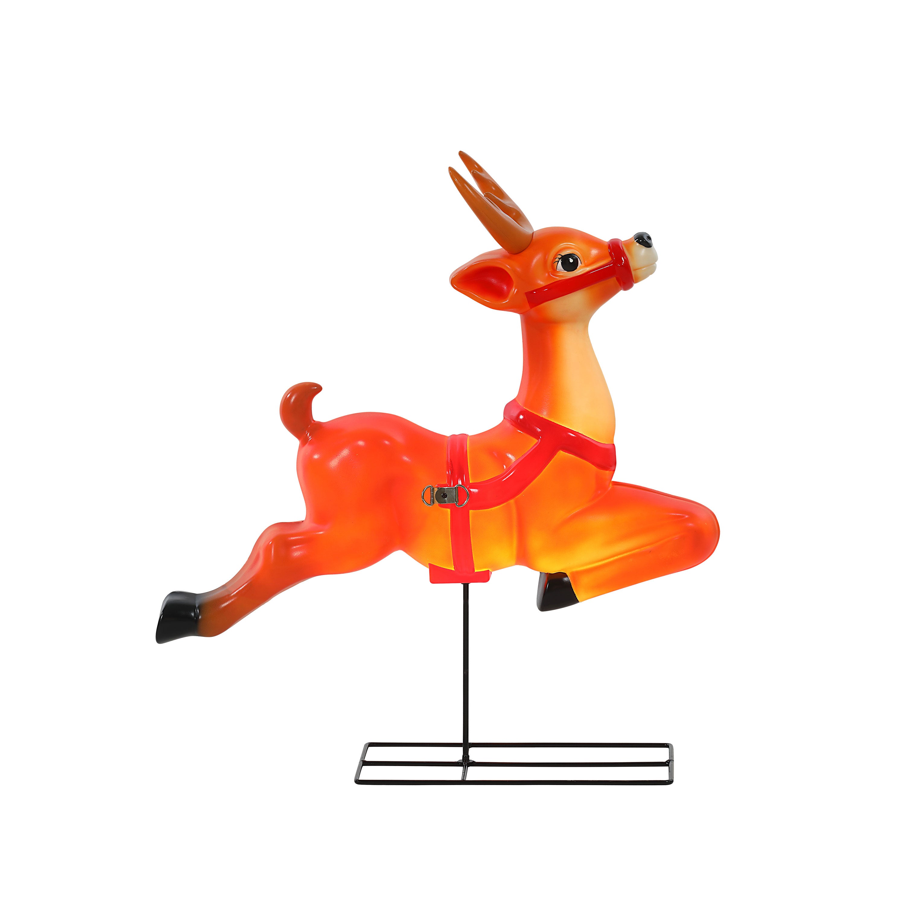 A glossy orange and red reindeer figurine mounted on a black wire stand against a plain white background.