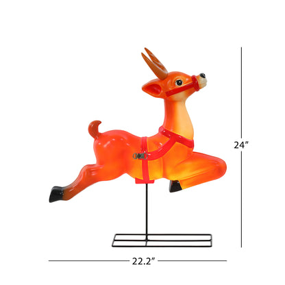 An orange and yellow rocking deer figurine on a black metal stand, shown with dimension lines indicating a height of 24 inches and width of 22.2 inches on a white background.
