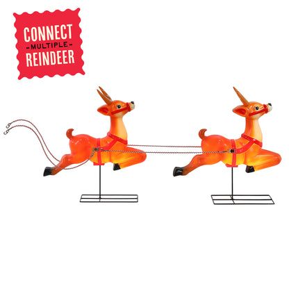 Two orange-red reindeer holiday decorations connected by a rope harness, shown on a white background with a red 'CONNECT MULTIPLE REINDEER' badge in the top left.