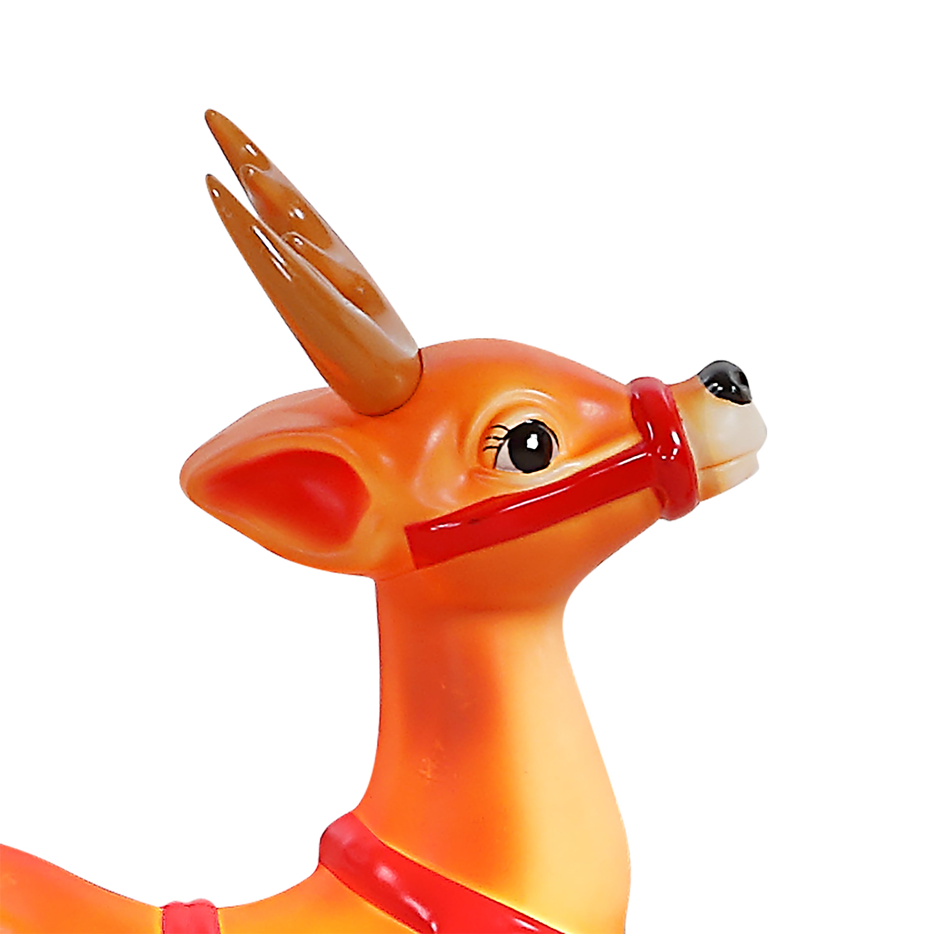 Close-up of a glossy orange and yellow reindeer figurine with brown antlers and a red halter, shown against a plain white background.