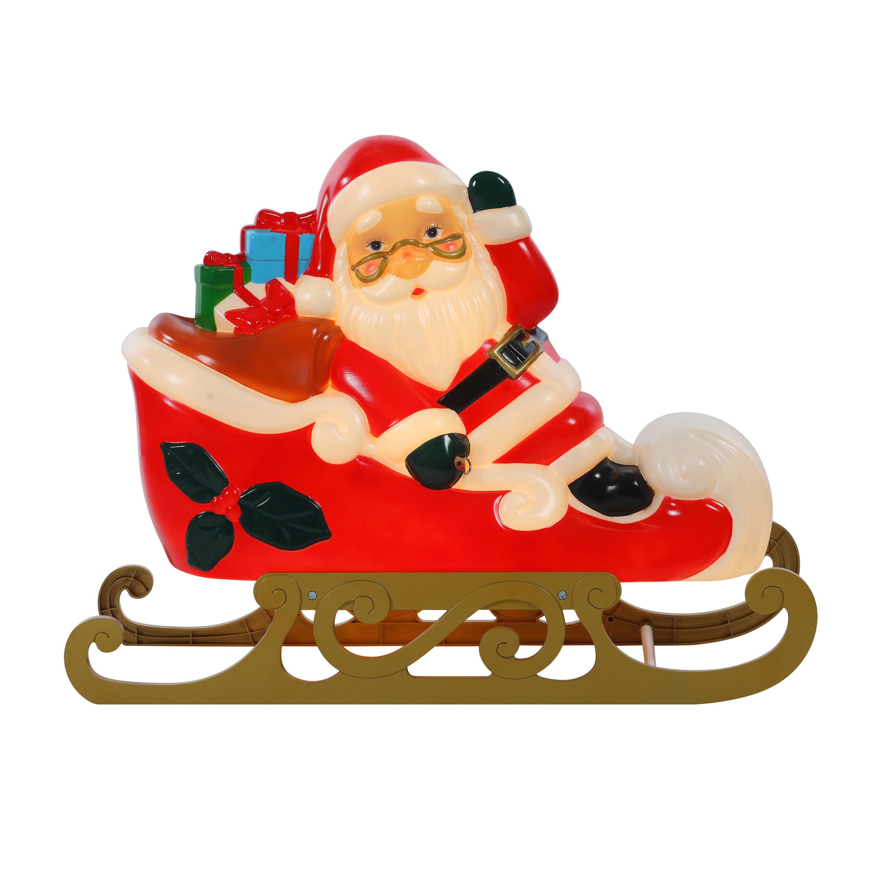 A festive Santa Claus in a sleigh holiday decoration, featuring Santa in a red suit with white trim, a gold sleigh, and small wrapped gifts in the back, isolated on a white background.