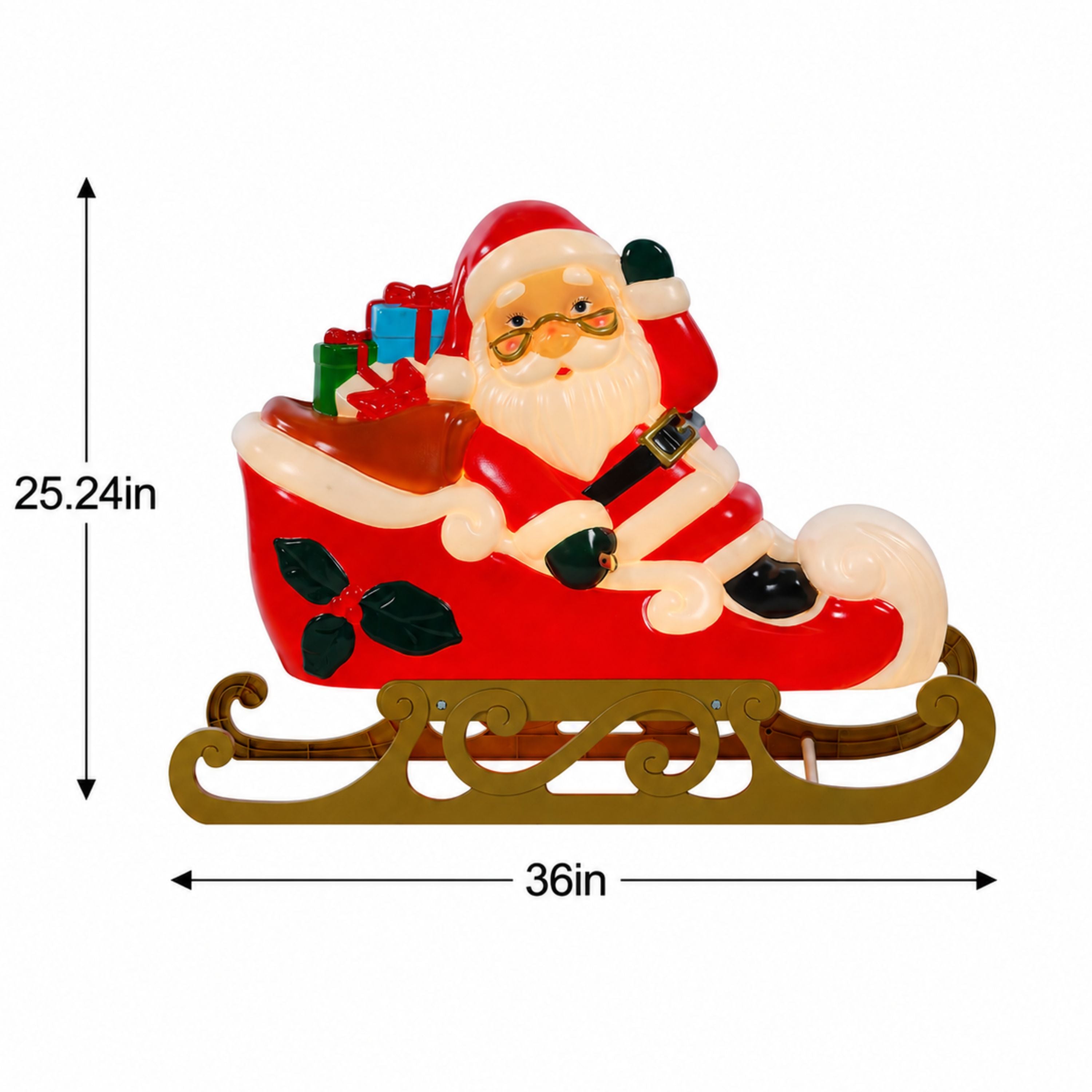 A Santa Claus in a sleigh holiday decoration shown on a white background with dimension arrows and labels indicating 25.24 inches tall by 36 inches wide.