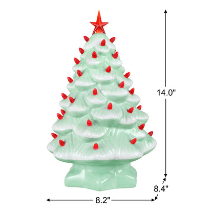 14 in. Nostalgic Ceramic Tree - Seafoam with Red Bulbs - Mr. Christmas