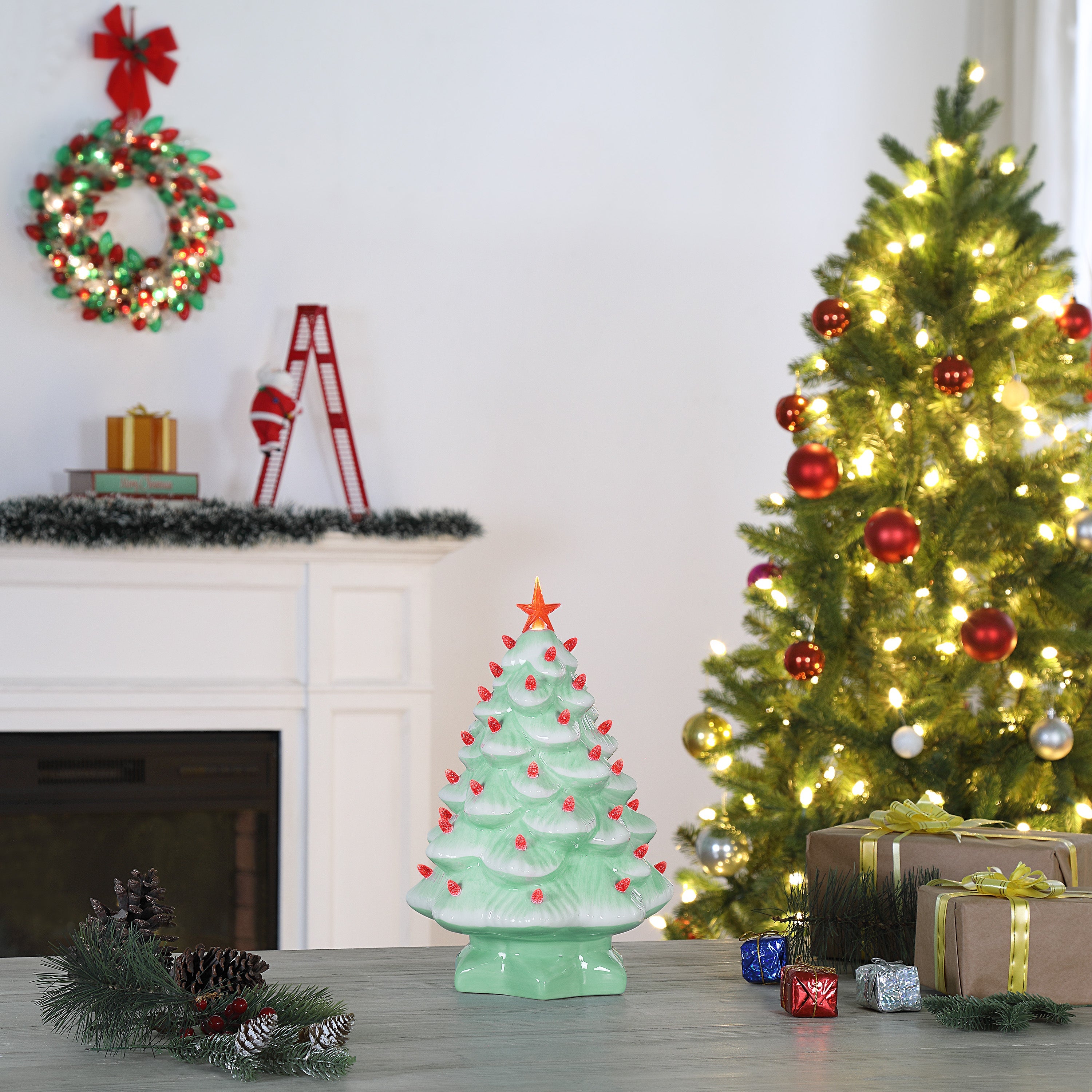14 in. Nostalgic Seafoam Ceramic Christmas Tree with Red Bulbs