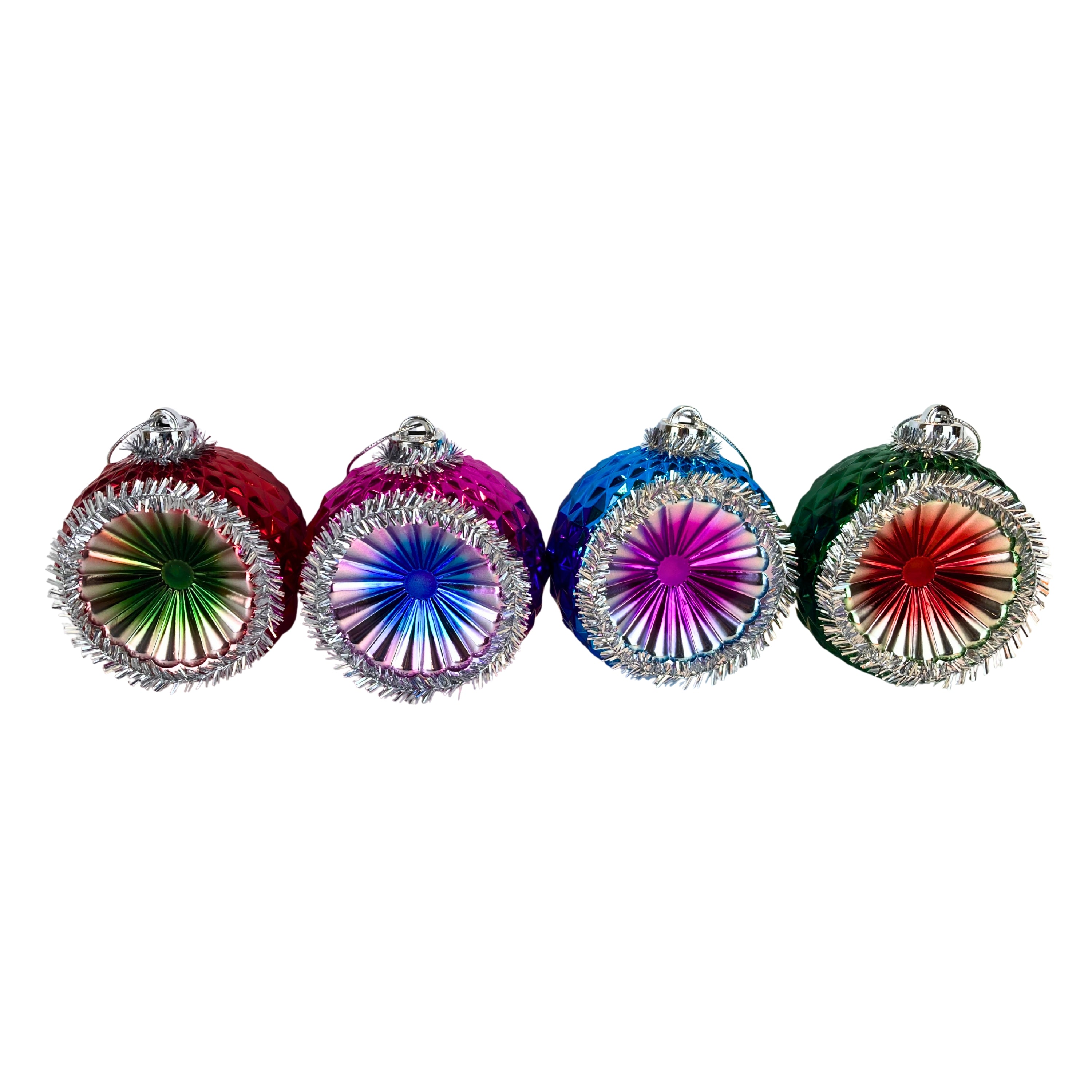 Four colorful Christmas tree ornaments with multicolored designs on a white background