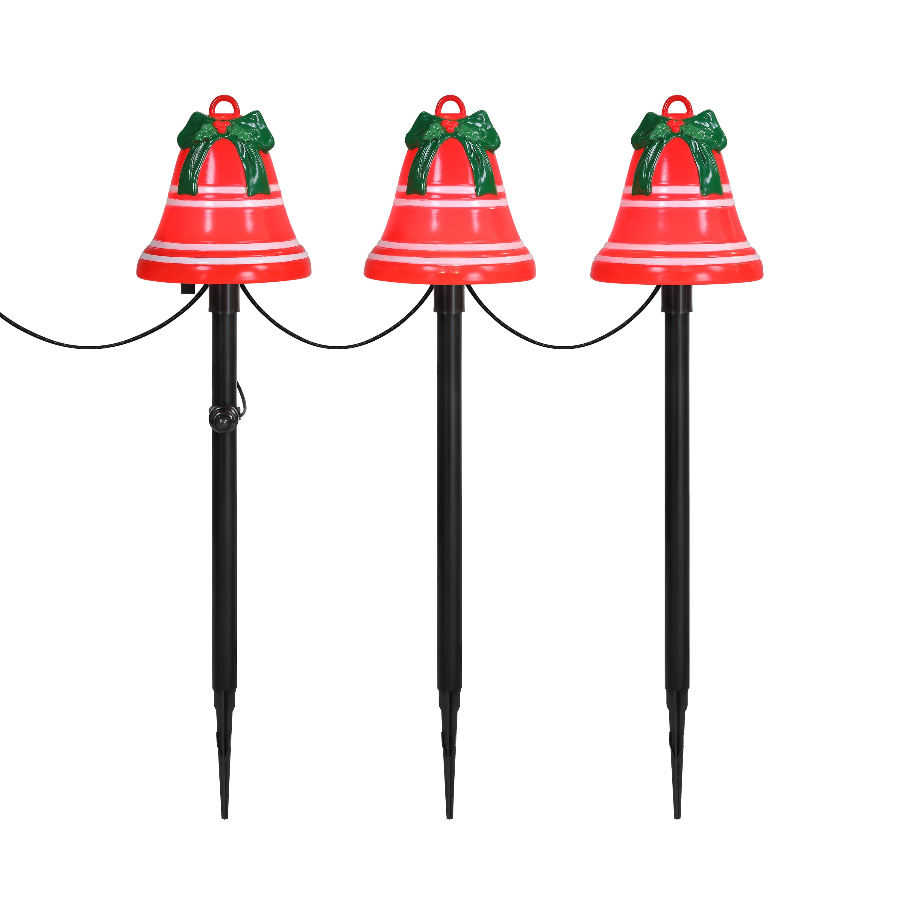 Three red Christmas bell yard lights with white stripes, green bows, and black stake poles on a white background.