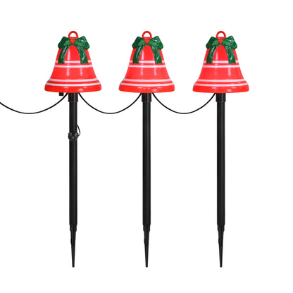 Three red Christmas bell yard lights with white stripes, green bows, and black stake poles on a white background.