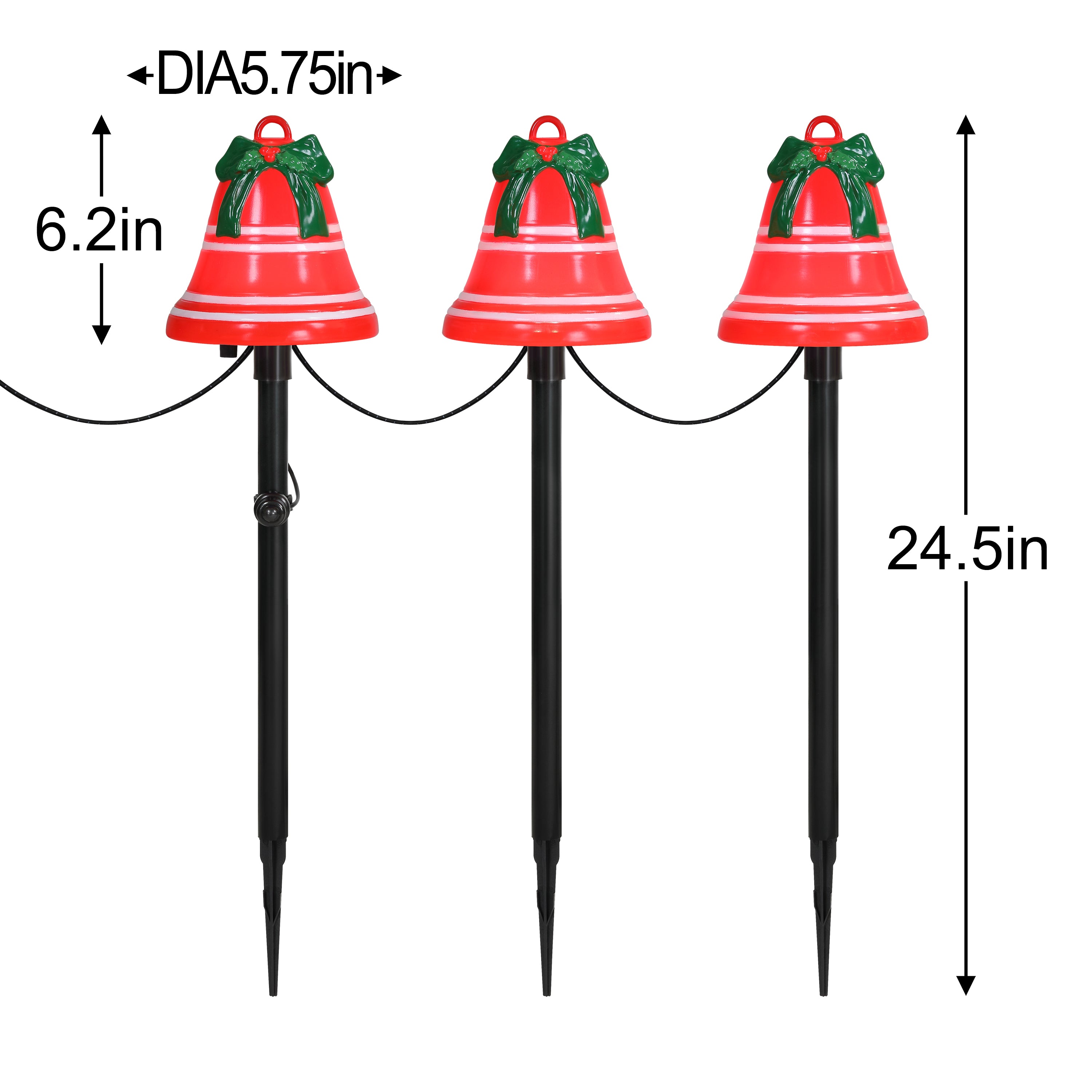 Three red Christmas bell garden stakes with black spikes, decorated with white stripes and green bows, shown with dimension labels including 24.5 in height, 6.
