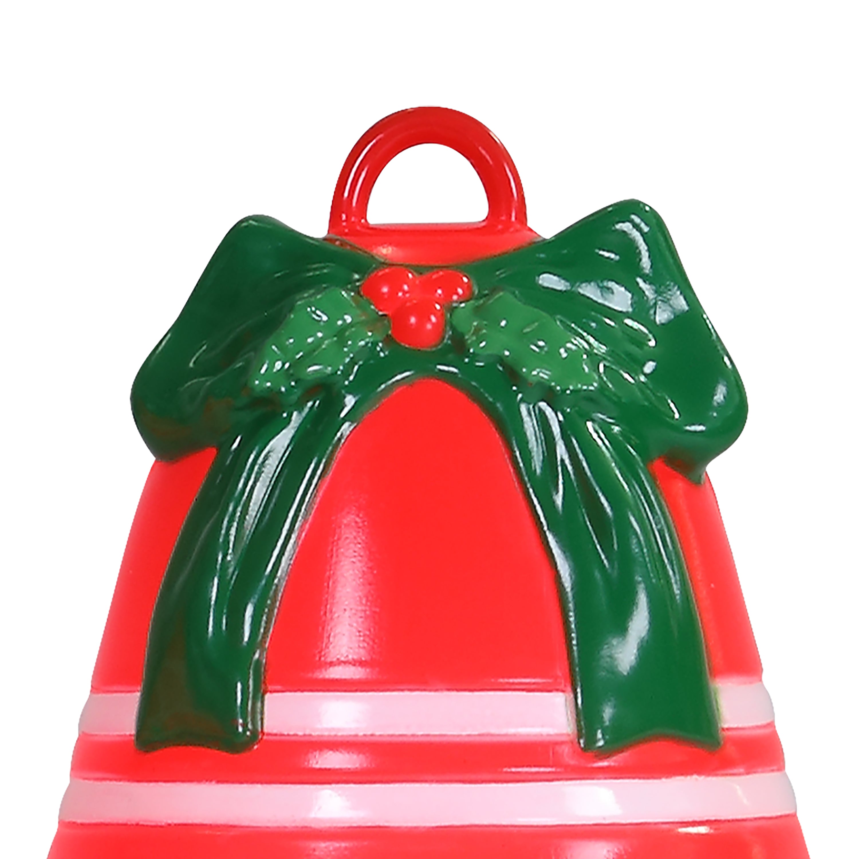 A red bell-shaped pathway bell with a glossy green bow and holly design on the front, featuring a red hanging loop at the top, shown against a plain white background.