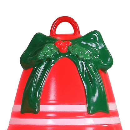 A red bell-shaped pathway bell with a glossy green bow and holly design on the front, featuring a red hanging loop at the top, shown against a plain white background.
