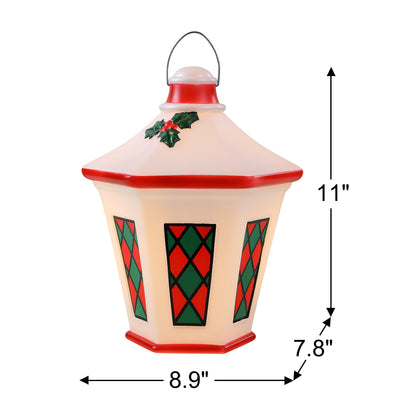 A hanging Christmas lantern decoration shown on a white background with dimension arrows and labels indicating height of 11 inches, width of 8.9 inches, and depth of 7.