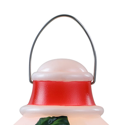 A close-up of a  lantern decoration featuring a red body, white trim, a metal handle, and a small green accent at the bottom, isolated on a white background.
